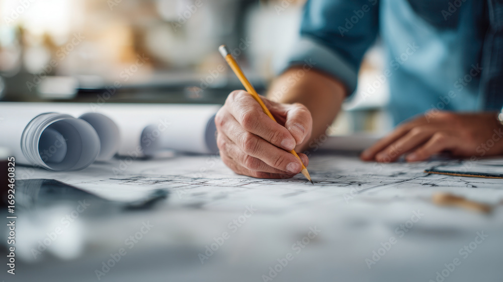 Poster architect or designer working on detailed building plans with pencil in hand and blueprints spread o
