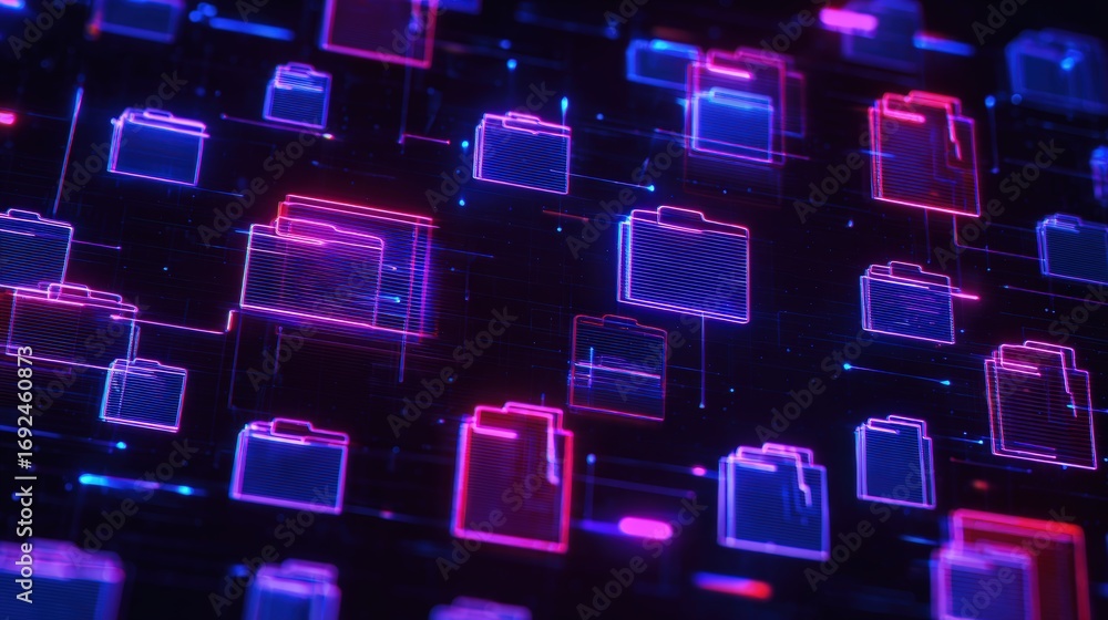 Poster abstract network grid with files and folders, futuristic software interface, digital document manage