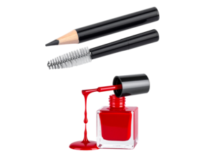 Essential makeup tools including a sharpened eyebrow pencil mascara wand and red nail polish bottle isolated on transparent background