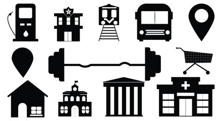Various public places and service icons in black silhouette including gas station, police station, train, bus, map pin, dumbbell, and hospital