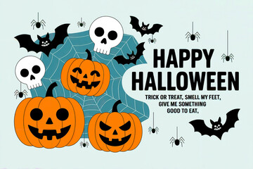 Happy Halloween Graphic With Pumpkin Bat and Spider Illustration