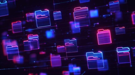 Abstract network grid with files and folders, futuristic software interface, digital document management system, store, search and organize documents, corporate business, paperless office	
