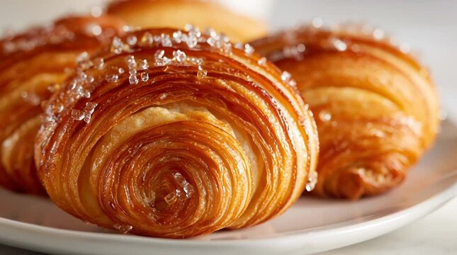 Close-up of freshly baked cornetti sfogliati with flaky golden-brown layers, glossy caramelized sugar crystals, buttery puff pastry texture, hyper-realistic detail, soft natural light, warm and inviti