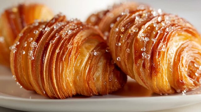 Close-up of freshly baked cornetti sfogliati with flaky golden-brown layers, glossy caramelized sugar crystals, buttery puff pastry texture, hyper-realistic detail, soft natural light, warm and inviti