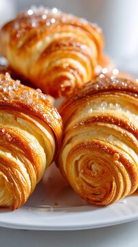 Close-up of freshly baked cornetti sfogliati with flaky golden-brown layers, glossy caramelized sugar crystals, buttery puff pastry texture, hyper-realistic detail, soft natural light, warm and inviti