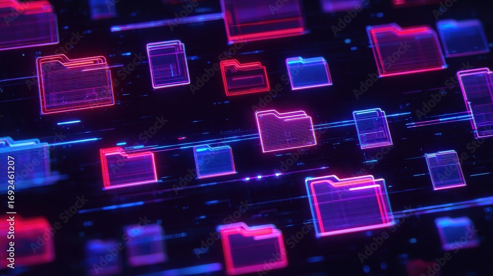 Aufkleber abstract network grid with files and folders, futuristic software interface, digital document manage