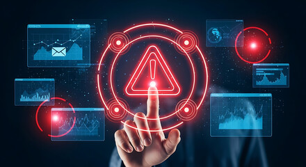 Hand touching a red warning sign surrounded by data graphs and circular red elements on a dark background