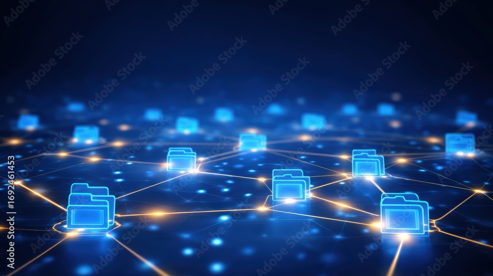 Poster abstract network grid with files and folders, futuristic software interface, digital document manage