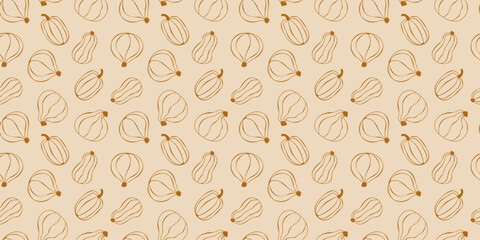 Pumpkin seamless pattern. Outline elements background for harvest festival or Thanksgiving. Halloween minimalist banner. Cute hand drawn autumn decoration