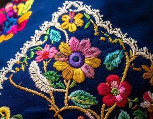 Detailed close-up of vibrant embroidered floral design