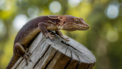 Naklejka premium Close Up of Lizard on Wood