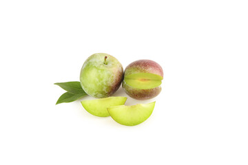 Fresh Red Green Plums Display with Slices and Leaves on White Background