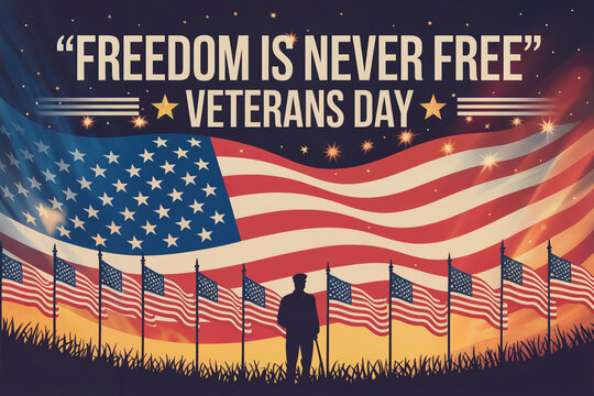Veterans Day American Flag and Silhouette Honoring Military Service