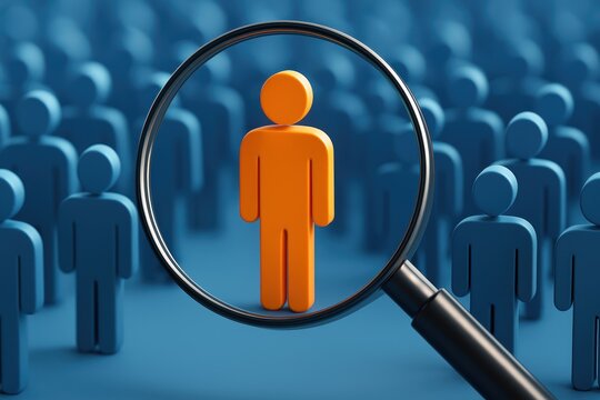 Recruitment Selection: A symbolic illustration of a person being scrutinized, with a magnifying glass held over them amidst a group of figures.