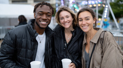 Obraz premium A cheerful trio poses for a photo at a festive event, radiating smiles and excitement against a backdrop of colorful lights and a fun fair atmosphere.