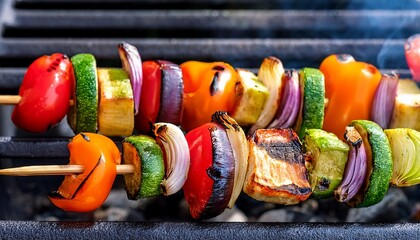 closeup of grilled vegetables on skewers vibrant colors labor day cookout