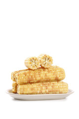 Fresh Sweet Corn Cobs on White Plate - Healthy Vegetable Food Photography