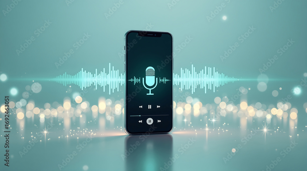 Aufkleber audio recording app on smartphone with microphone and sound waves for podcasting and voice recording