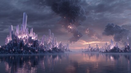 Glowing Crystals in a Surreal Sci-Fi Landscape with Reflective Water and Dynamic Sky Elements