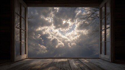 Expansive View of Dramatic Cloud Formation Through an Open Window at Dusk