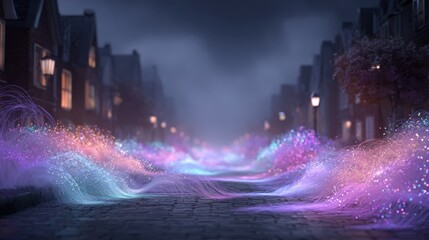 Glowing Fiber Optic Cables Illuminating an Urban Street at Night in a Dreamy Atmosphere