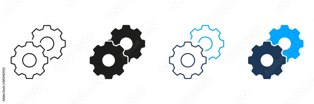 Aufkleber gears and cogs line and solid icon set. mechanical engineering, automation, and process optimization