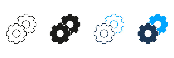 Gears And Cogs Line And Solid Icon Set. Mechanical Engineering, Automation, And Process Optimization Symbol Collection. Industrial And Technological Concept. Isolated Vector Illustration