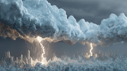 Voxel Art Depicting Raging Storm with Blocky Clouds and Lightning in Dramatic Atmosphere