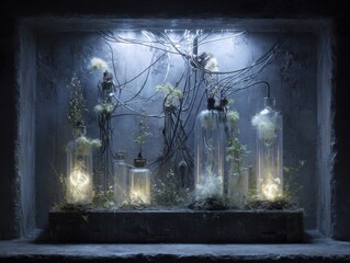 Organic Life Engineering in a Biopunk Lab with Illuminated Bottles and Twisting Wires