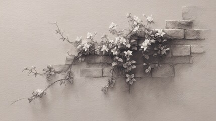 Climbing White Honeysuckle Vines Sketch on Abandoned Brick Wall in Soft Monochrome Style