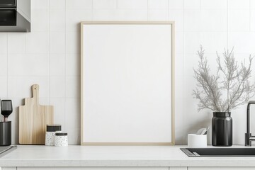 Quadro em branco com moldura de madeira em diferentes ambientes de escritório e home office modernos, decorados com plantas, luminárias e objetos de design, IA generativa