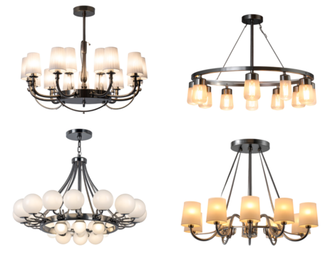 Collection of four elegant modern chandeliers with multiple bulbs and decorative shades isolated on transparent background