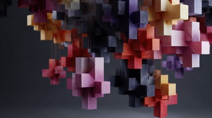 Abstract Origami Art Display with Colorful Voxel Forms in Intricate Folding Patterns
