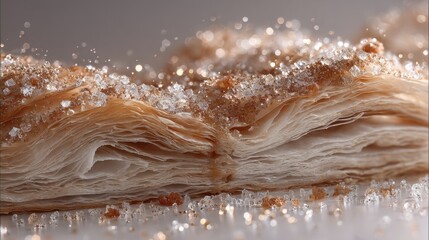 Macro Shot of Flaky Pastry with Cinnamon and Sugar Crystals on a Soft Background