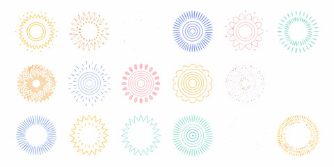 Collection of colorful abstract sunburst and starburst graphic elements on a white background