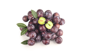 Fresh Sweet Plums with Green Leaves Isolated on White Background - Ripe Stone Fruit