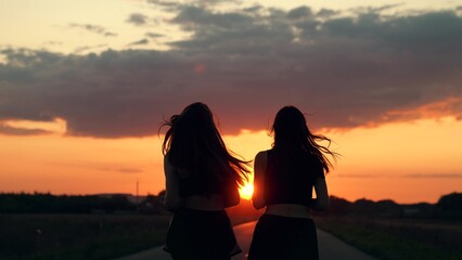 Sport run, Athletic young women running along an asphalt road at sunset, healthy fitness lifestyle. Girls run along road, training teamwork of running athletes. Slow motion. People run in sun together