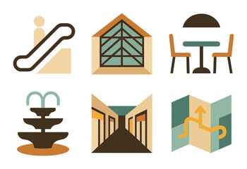Obraz premium Shopping center flat icon set. featuring escalator, building, dining, fountain, hallway, and map symbols.