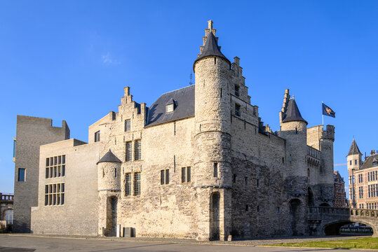 Het Steen medieval fortress on bank of Scheldt river in the old city centre of Antwerp, Belgium