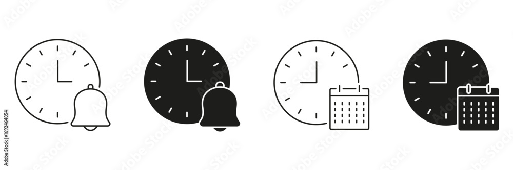 Aufkleber clock with bell and calendar line and solid icon set. time management, scheduling, and reminder noti