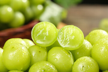 Fresh Green Seedless Grapes Cut in Half with Natural Sunshine Lighting
