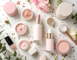 Pastel Pink Beauty Products Flatlay on Marble