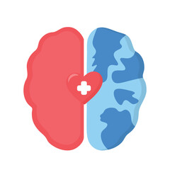 brain split into red and blue halves, with a central heart bearing a medical cross. Represents emotional intelligence, global awareness, and health ideal for visuals on mental wellness and care