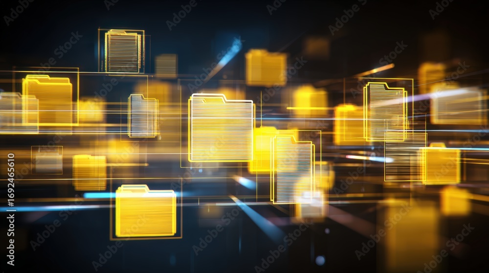 Aufkleber abstract network grid with files and folders, futuristic software interface, digital document manage