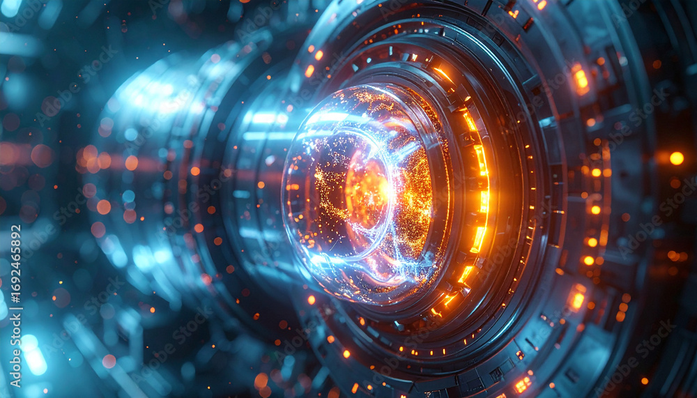 Poster futuristic core: a detailed shot of a glowing core with advanced digital elements, showcasing a comp