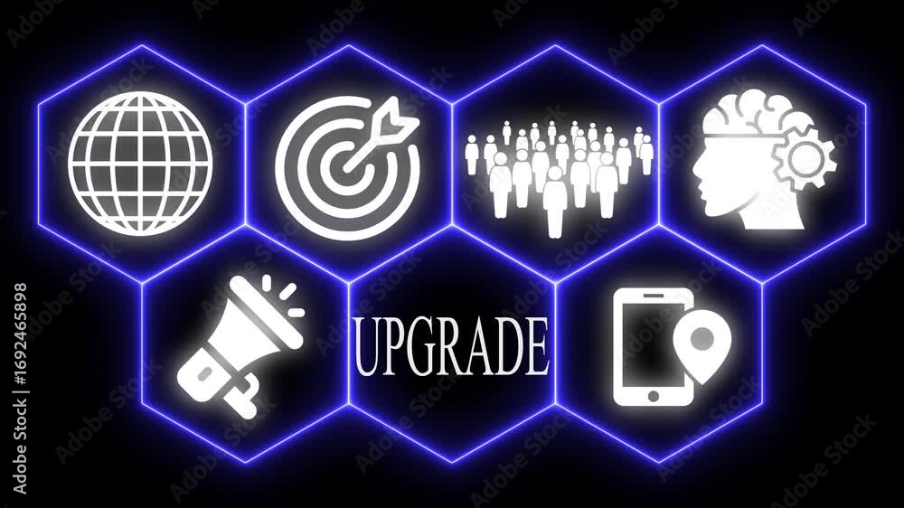 Poster upgrade concept featuring globe target team brain and mobile location with neon graphics