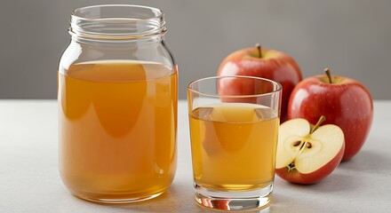 Freshly pressed apple juice in a glass bottle and tumbler with whole and sliced apples
