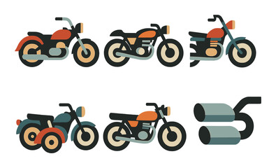 Motorcycle silhouette icon set. featuring chopper, cruiser, sportbike, touring, scooter, and exhaust symbols.