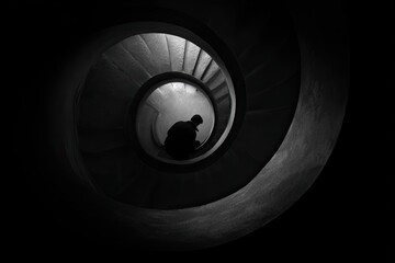 A black and white spiral staircase, with a silhouetted figure seated at the center