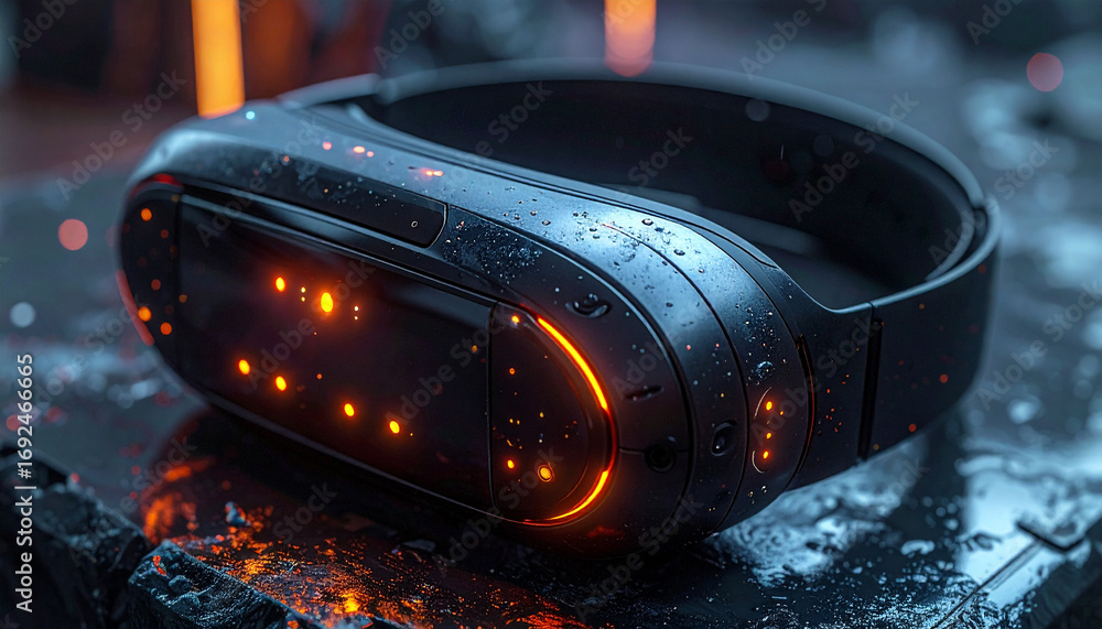Poster futuristic wearable device: an innovative, high-tech wearable device glows with embedded lights, res
